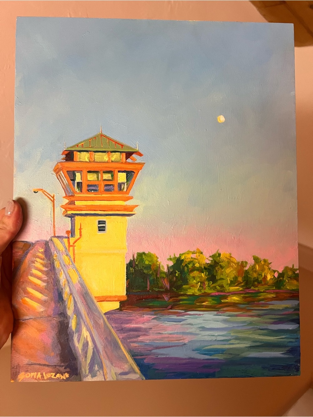 Florida bridge tower. Oil on wooden canvas